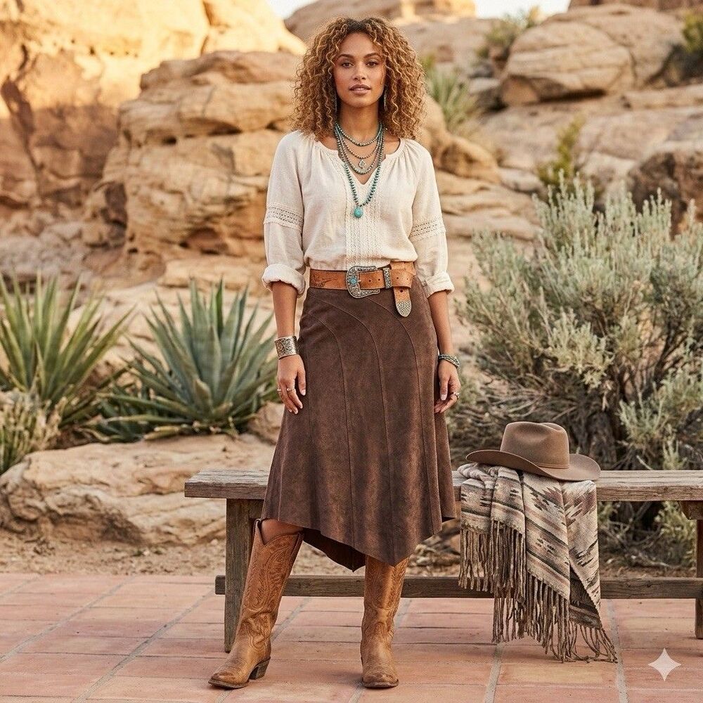 Suede Leather Western Boho Skirt Brown Midi Asymmetrical Cowgirl Earthy  Size 8